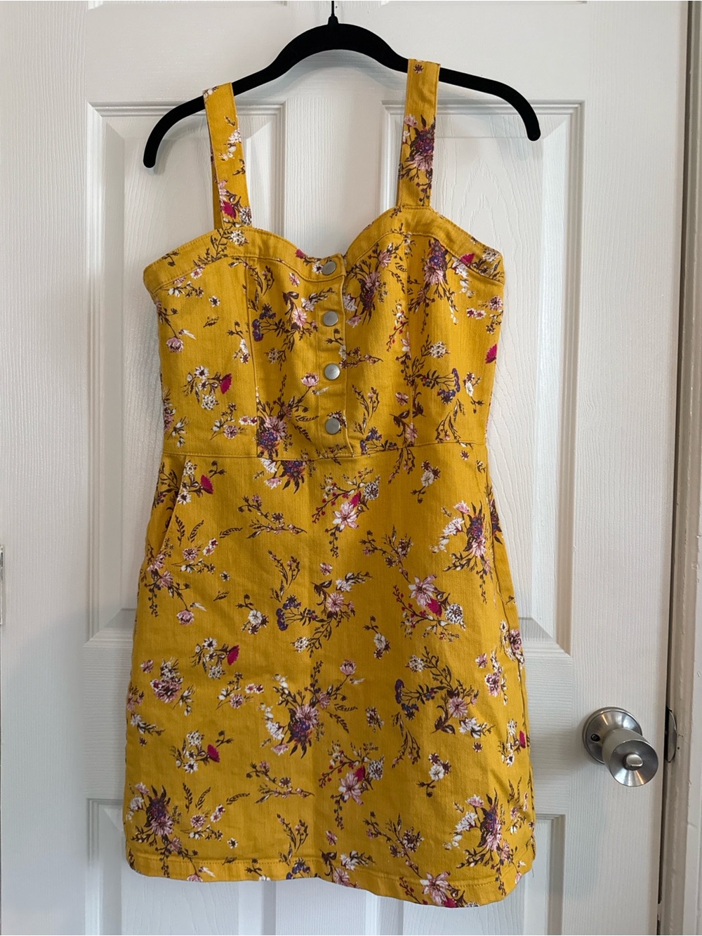 Mustard Yellow Floral Button-Front Mini Strap Dress w Pockets, Zip Back - NOBO